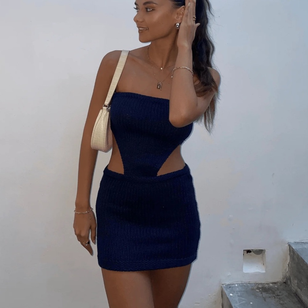 Lioness navy blue knit dress asymmetrical